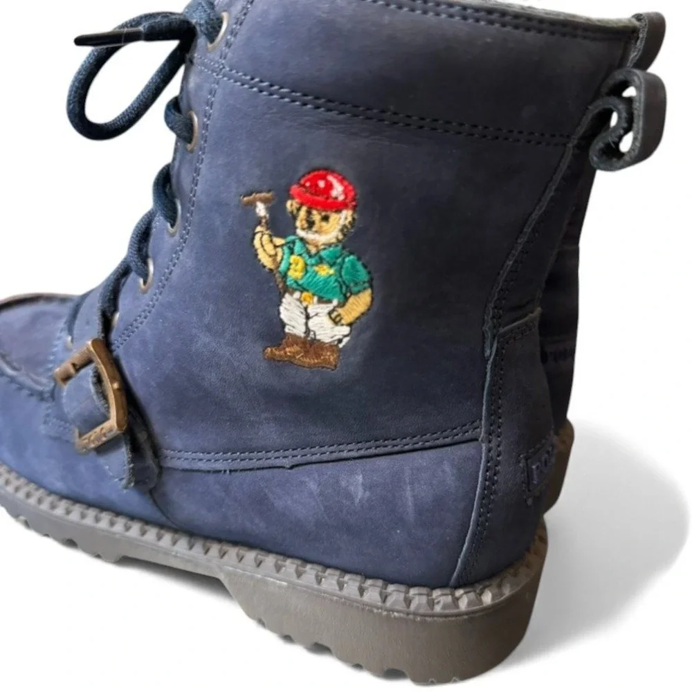 Polo Ralph‎ Lauren Kids Navy Blue Bear Embroidered Lace Up Boots US 3/Euro 35